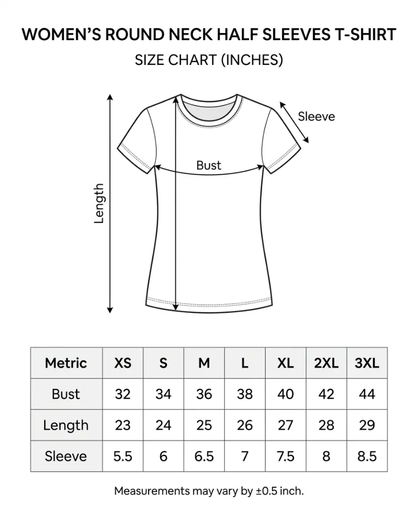 Women’s Round Neck Half Sleeves T-Shirt Size Chart.webp