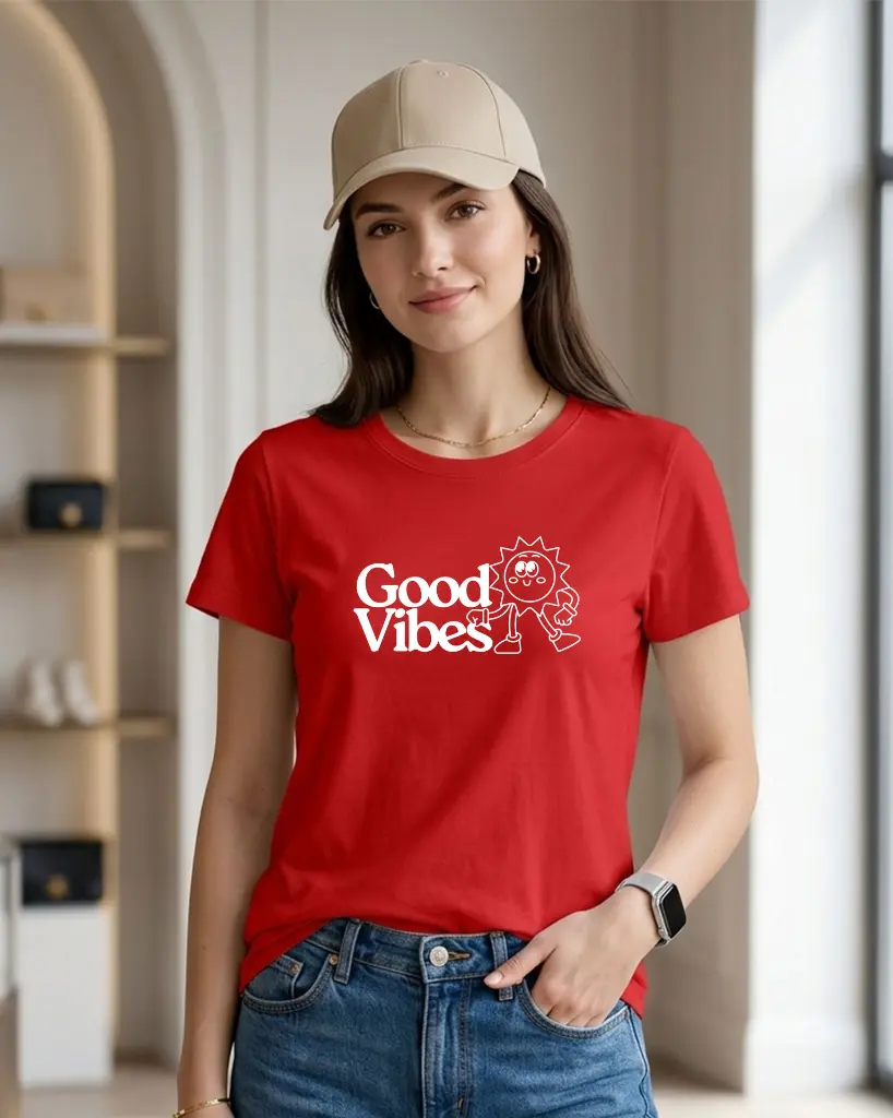 Red-Round-neck-Green-Whimsical-Sun-Good-Vibes-T-Shirt.webp
