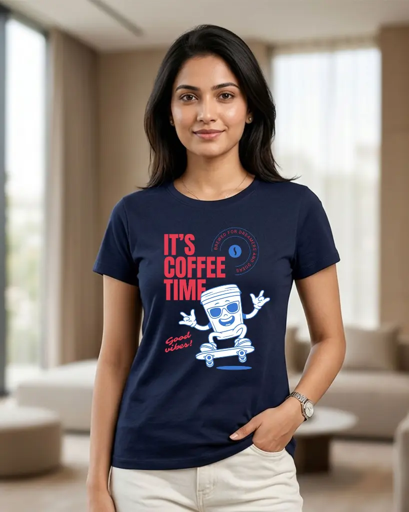 It's-coffee-time-Women's-Round-Neck-T-shirt-navy-blue.webp