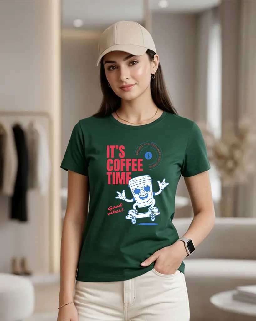 It's-coffee-time-Women's-Round-Neck-T-shirt-bottle-green.webp
