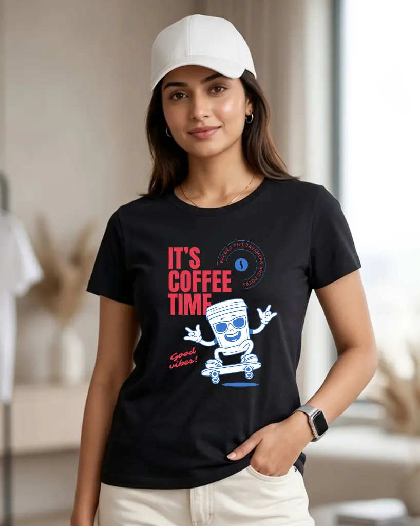 It's-coffee-time-Women's-Round-Neck-T-shirt-black-.webp