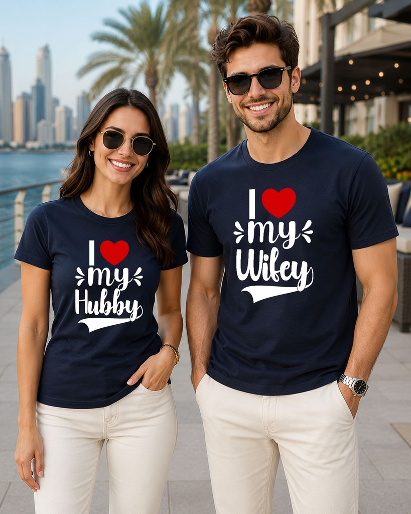 Couple Navy Blue Round Neck T-Shirt I Love My Hubby & Wifey Graphic Printed (XS, XS)