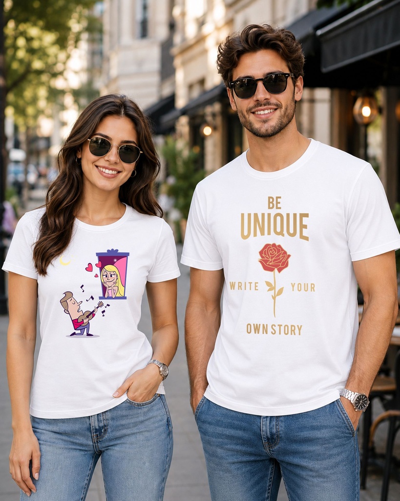 Couple White Round Neck T-Shirt Propose Be Unique Write Your Own Story Graphic Printed (XS, XS)