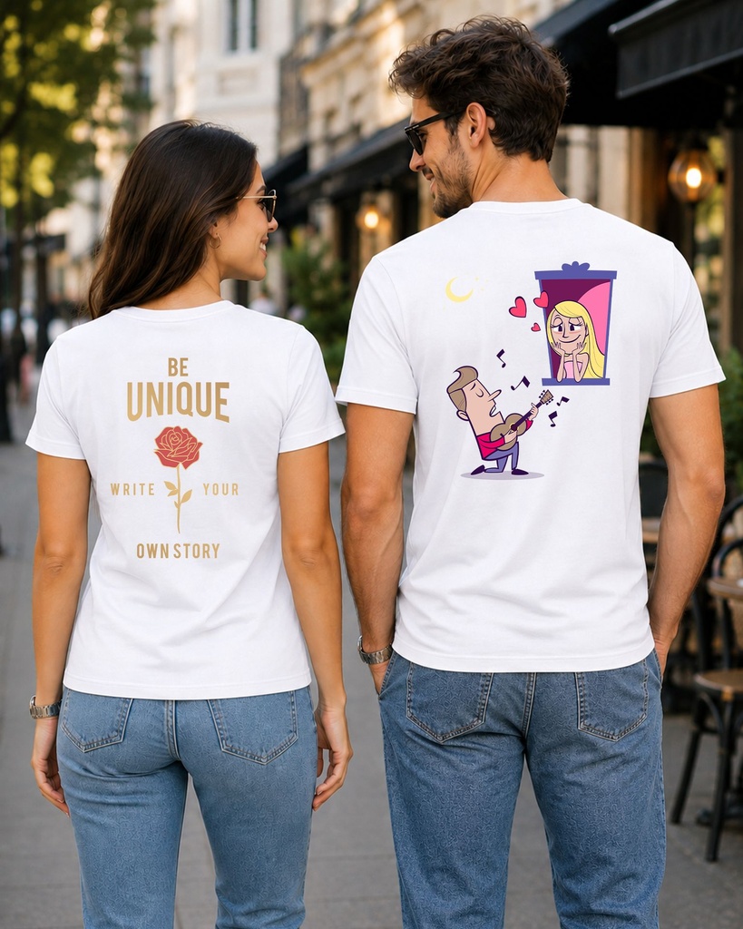 Couple White Round Neck T-Shirt Propose Be Unique Write Your Own Story Both side Graphic Printed (XS, XS)