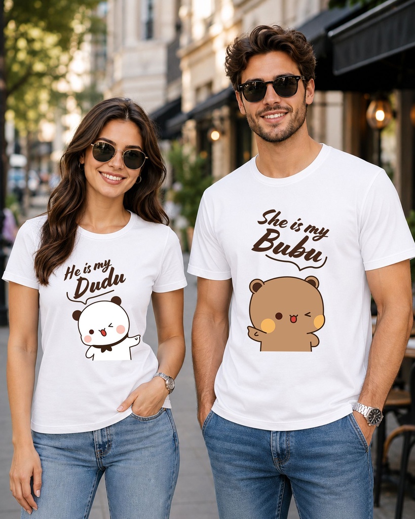 Couple White Round Neck T-Shirt Dudu Bubu Graphic Printed (XS, XS)
