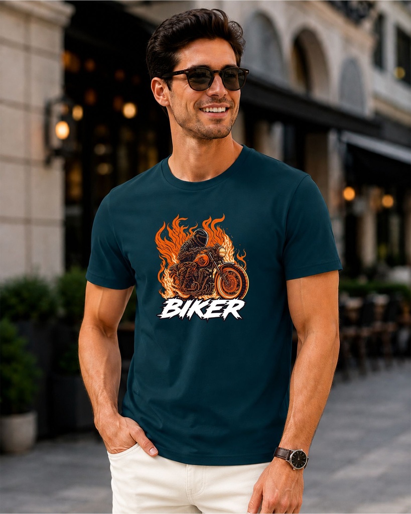Round Neck T-Shirt Men's Biker Graphic Printed (S, Black)