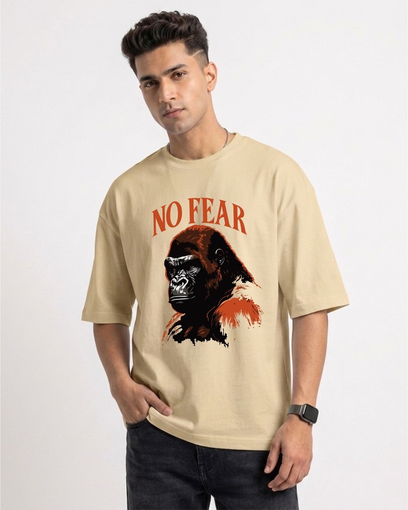 Beige Oversized T-Shirt Gorilla No Fear Graphic Printed (XS)