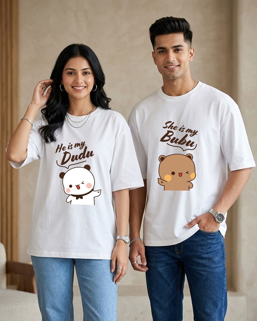 Couple White Oversized T-Shirt Dudu Bubu Graphic Printed (XS, XS)
