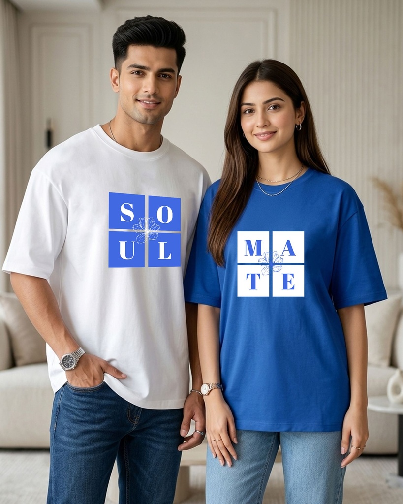 Couple Royal Blue and White Oversized T-Shirt SoulMate Together Forever