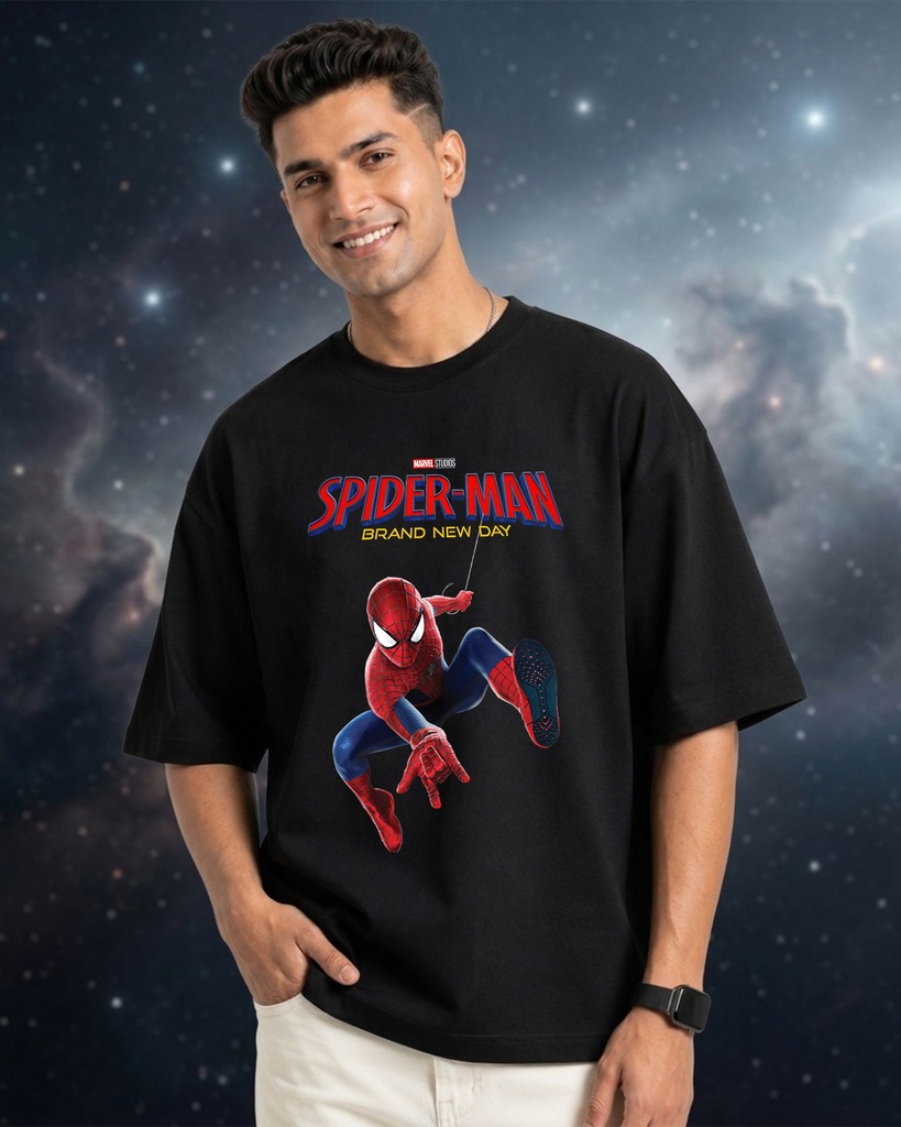 Black Oversized T-Shirt Spider Man Action Graphic Printed