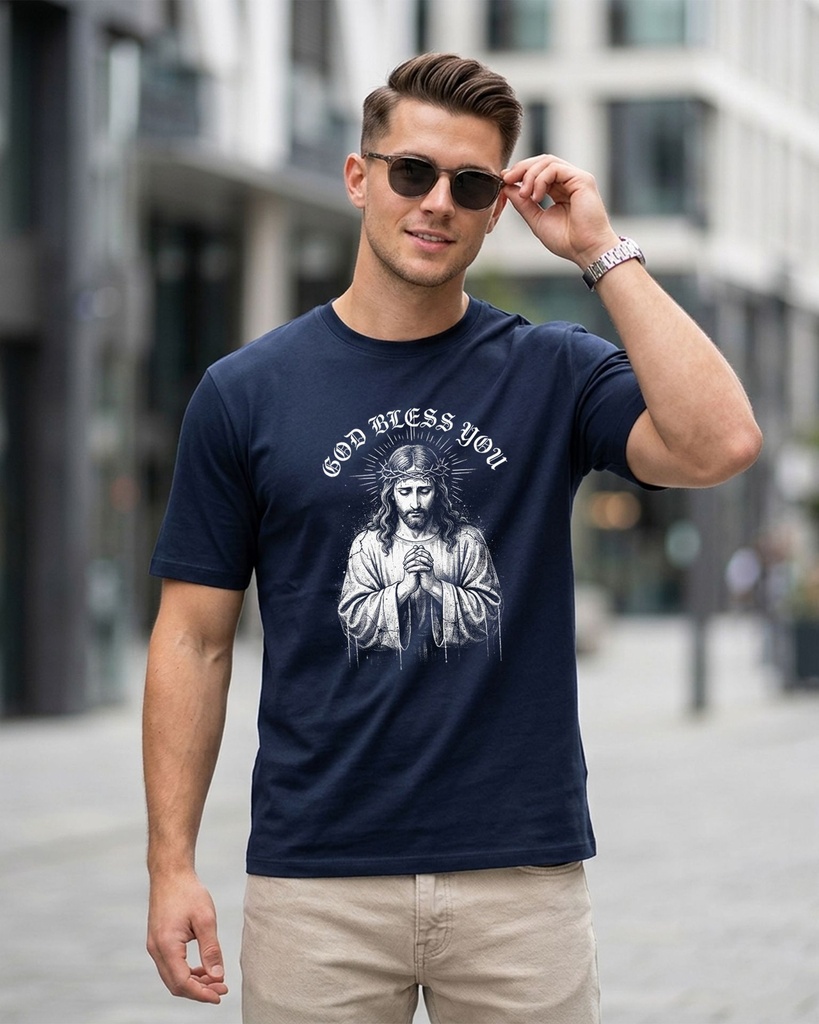Round Neck T-Shirt Jesus God Bless You Graphic Printed (S, Royal Blue)