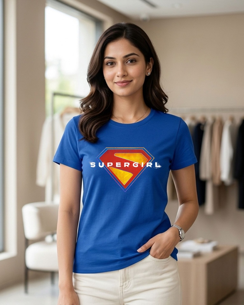 Supergirl Round Neck Women's T-Shirt Graphic Printed (XS, Royal Blue)