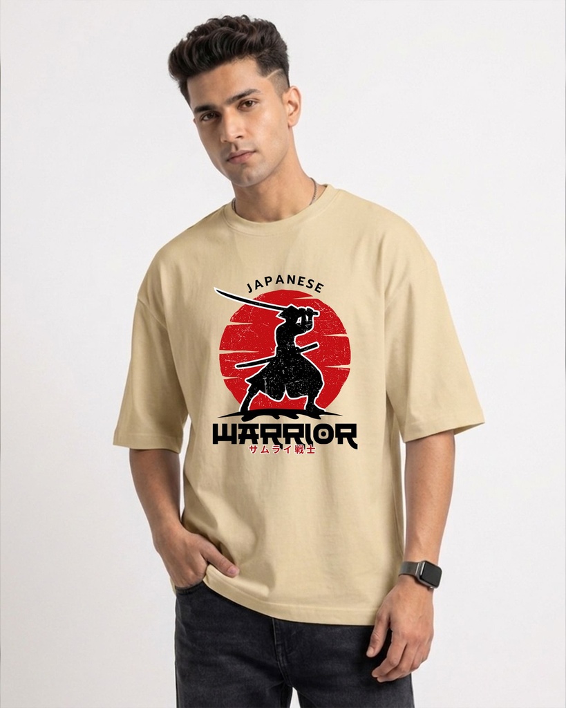 Beige Oversized T-Shirt Japanese Warrior Graphic Printed