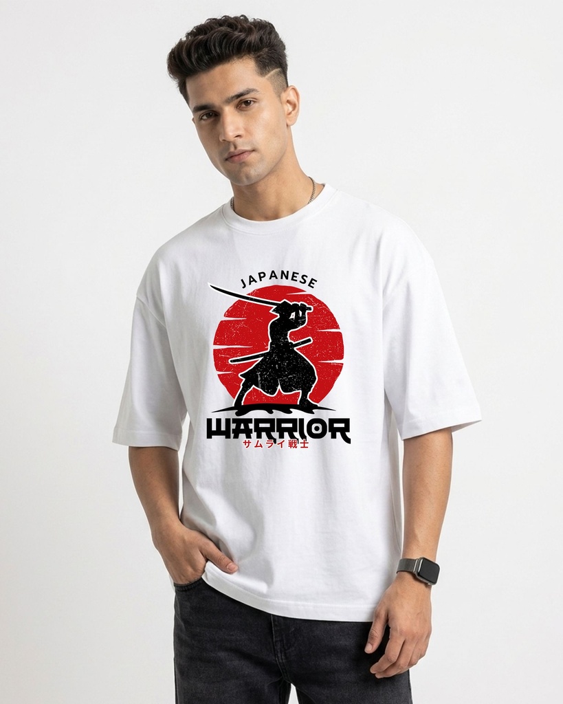White Oversized T-Shirt Japanese Warrior Graphic Printed