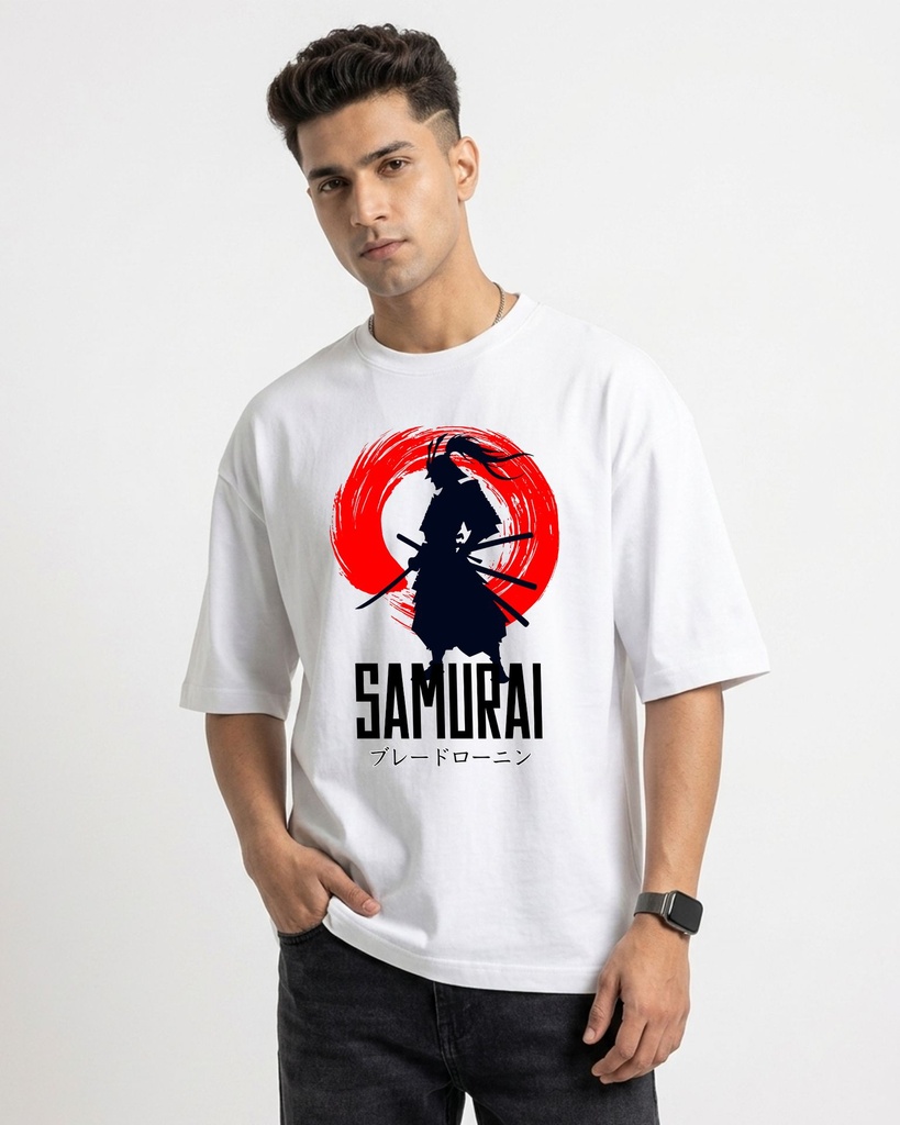 White Oversized T-Shirt Samurai Graphic Printed