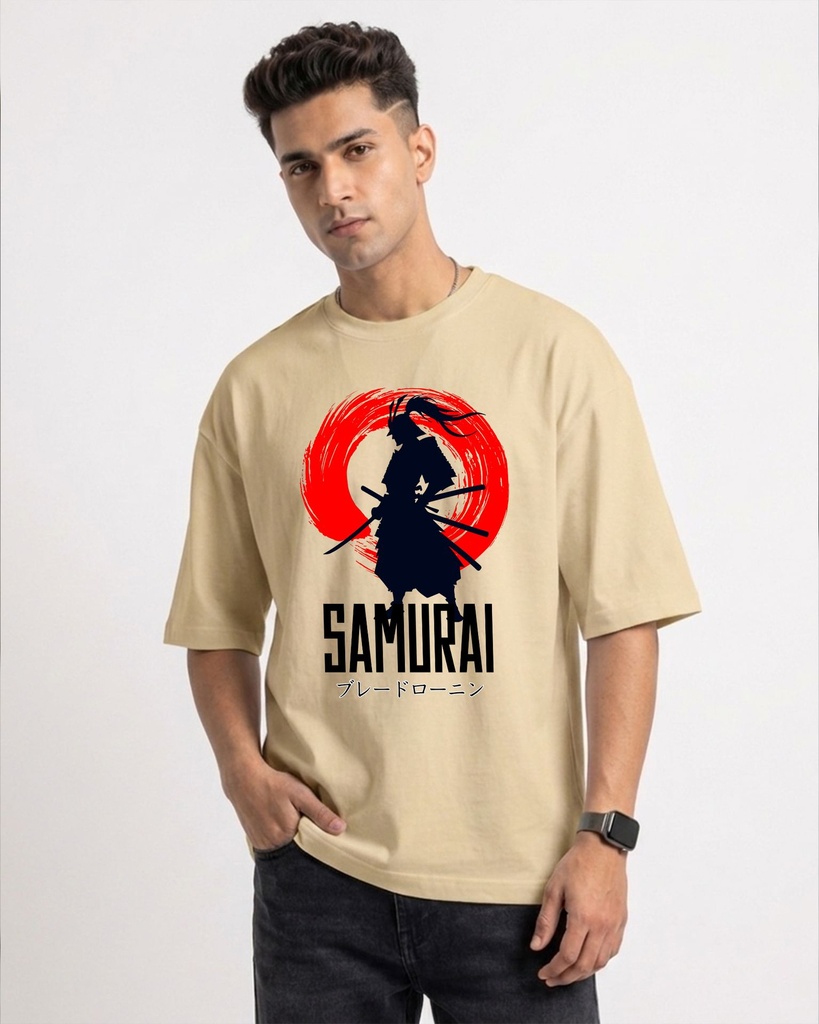 Beige Oversized T-Shirt Samurai Graphic Printed
