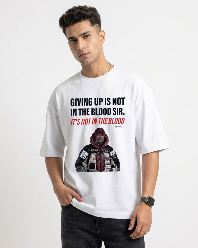 White Oversized T-Shirt Graphic Printed Giving Up Is Not In The Blood Sir Front (XS)