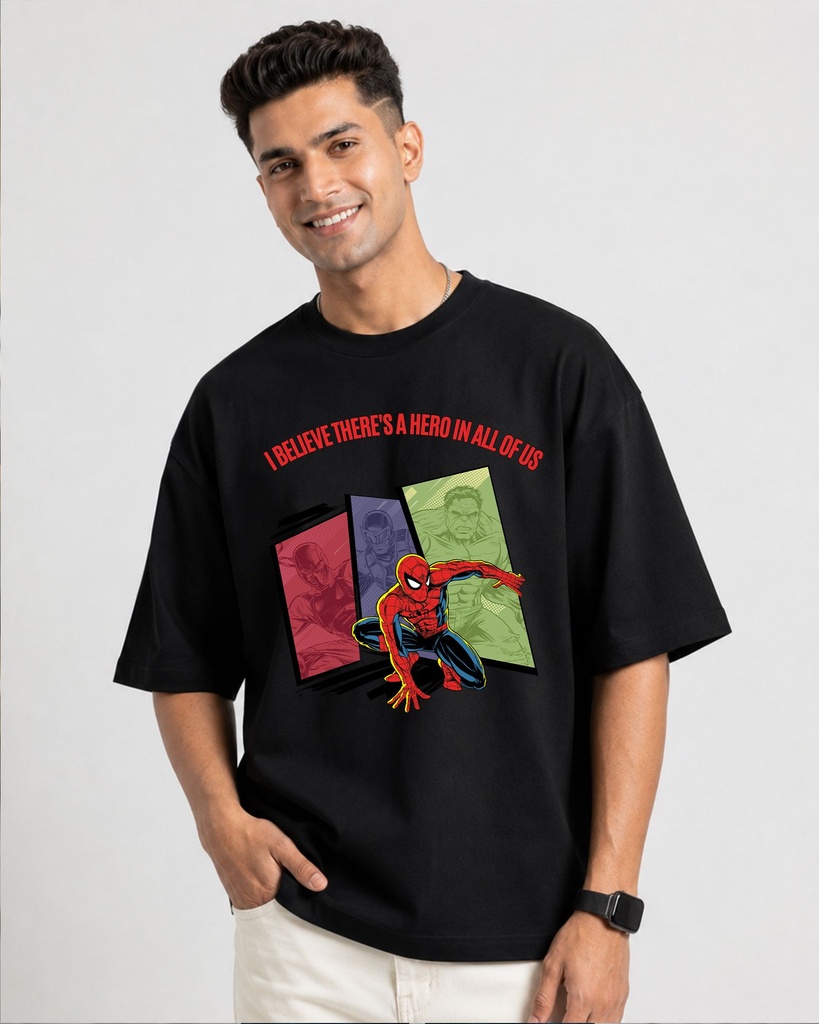 Spiderman & Venom Black Oversized T-Shirt Graphic Printed