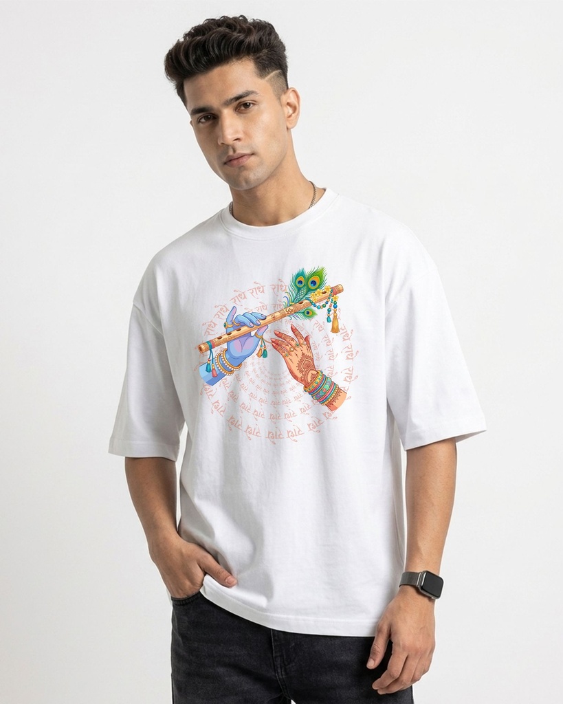 White Oversized T-Shirt Graphic Printed Radha Krishna Bansuri Hand (XS)