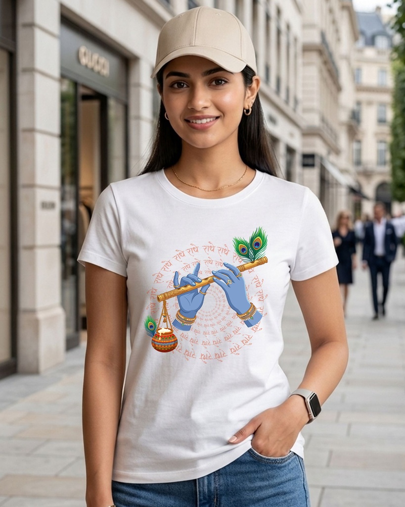 Round Neck Women's T-Shirt Radha Krishna Bansuri Hand Swing Graphic Printed (XS, Royal Blue)