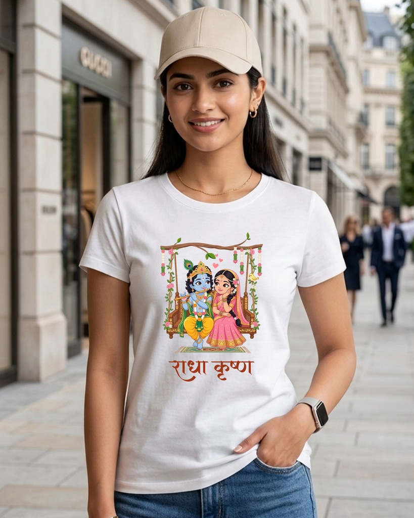 Round Neck Women's T-Shirt Radha Krishna Bansuri Swing Graphic Printed (XS, Royal Blue)