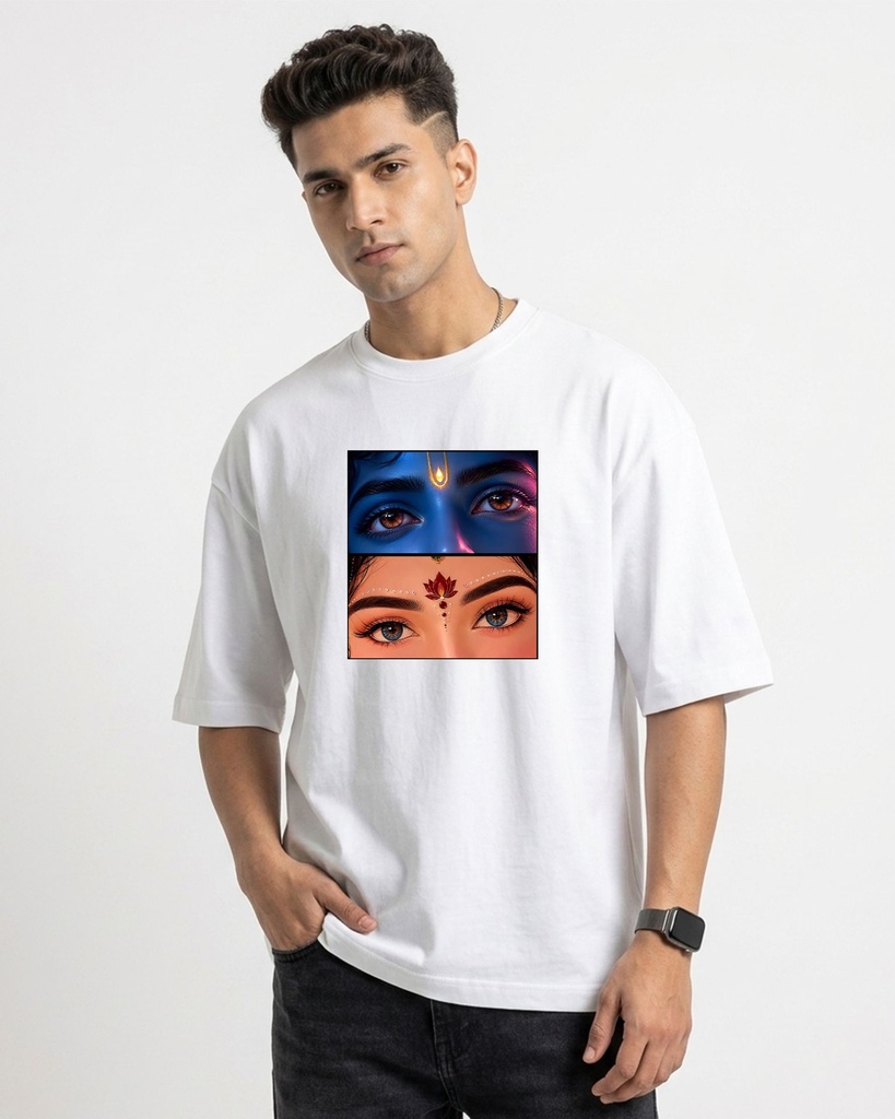 White Oversized T-Shirt Graphic Printed Radha Krishna Eye With Sukoon