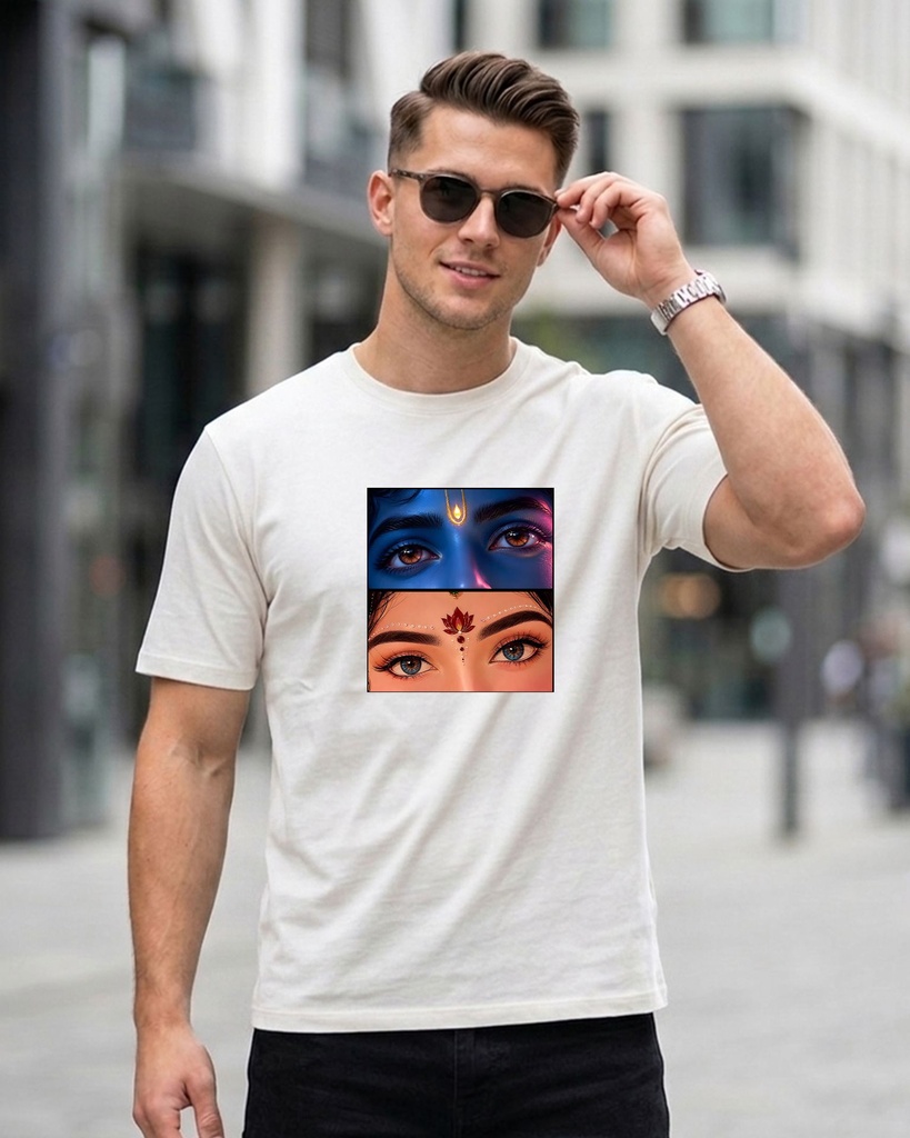 Radha Krishna Eye White Round Neck Regular Fit T-Shirt Graphic Printed (S)