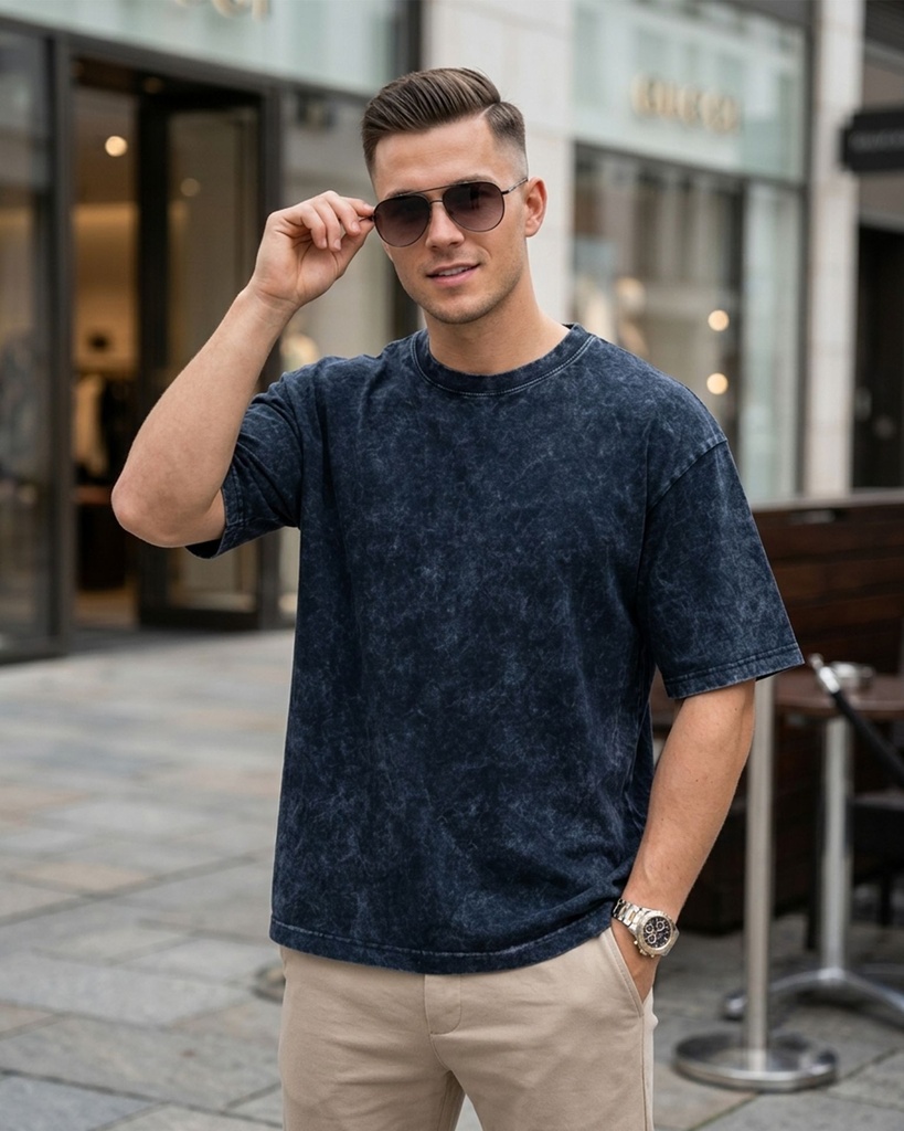 Navy Blue Acid Washed Oversized Men's T-shirt (XS)