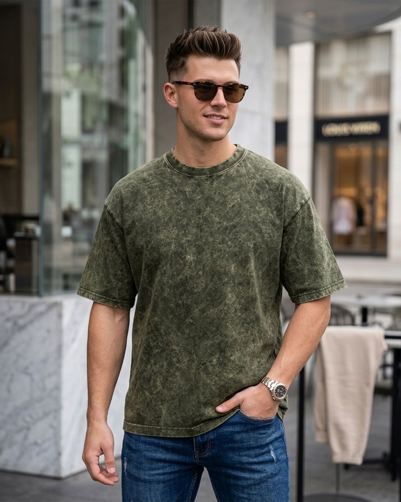 Olive Green Acid Washed Oversized T-shirt (XS)