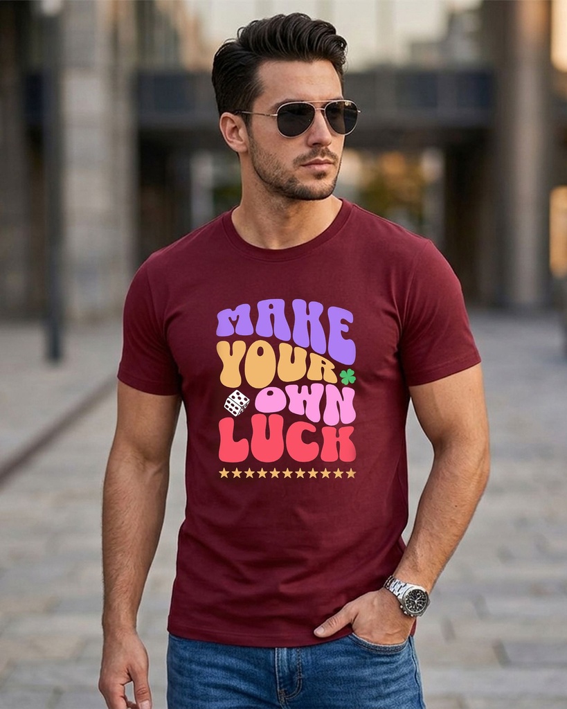 Maroon Round Neck Men's T-Shirt Graphic Printed Make your Own Luck (S)
