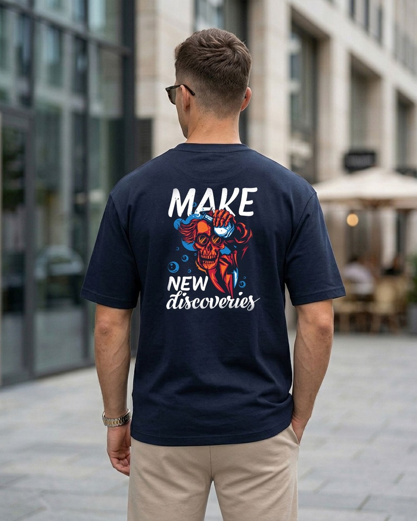 Navy Blue Oversized T-Shirt Make New Discoveries Graphic Printed (XS)