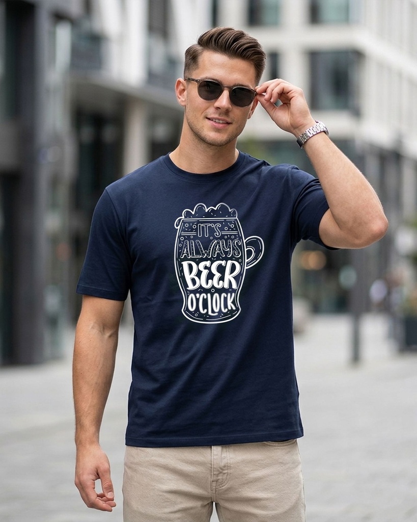 Navy Blue Classic Crew T-Shirt It's Always Beer Graphic Printed