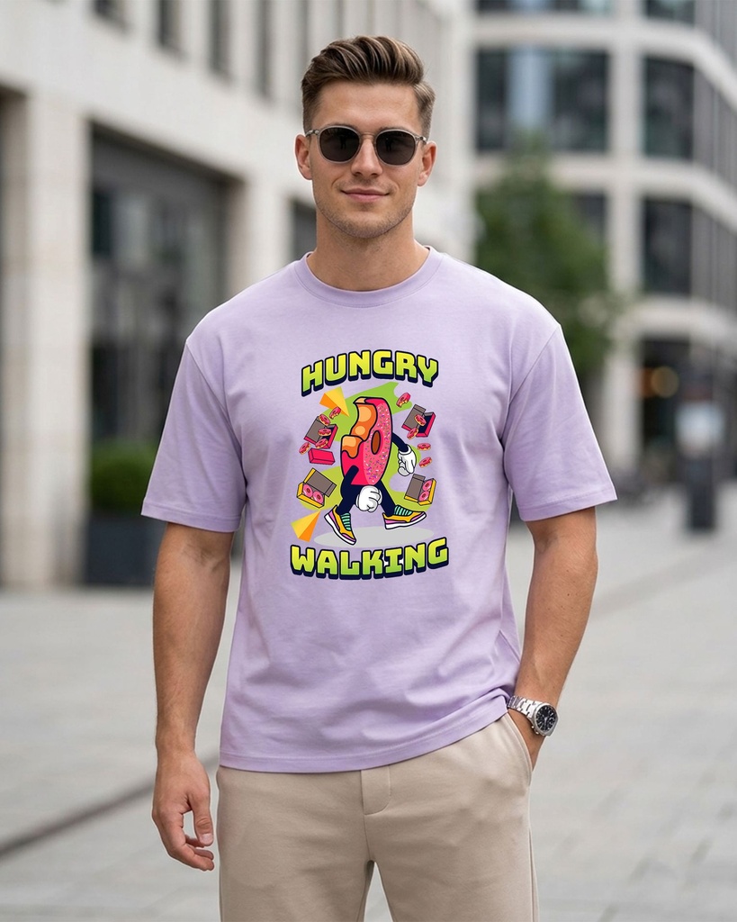 Lavender Round Neck T-Shirt Hunry Walking Graphic Printed (XS)