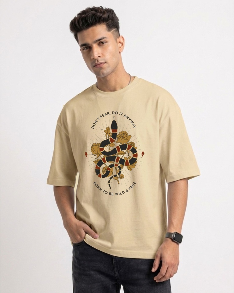 Beige Oversized T-Shirt Snake Flowers Graphic Printed (XS)