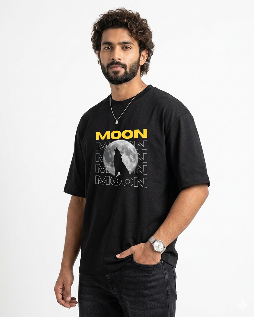 Black Oversized T-Shirt Moon Wolf Graphic Printed (XS)
