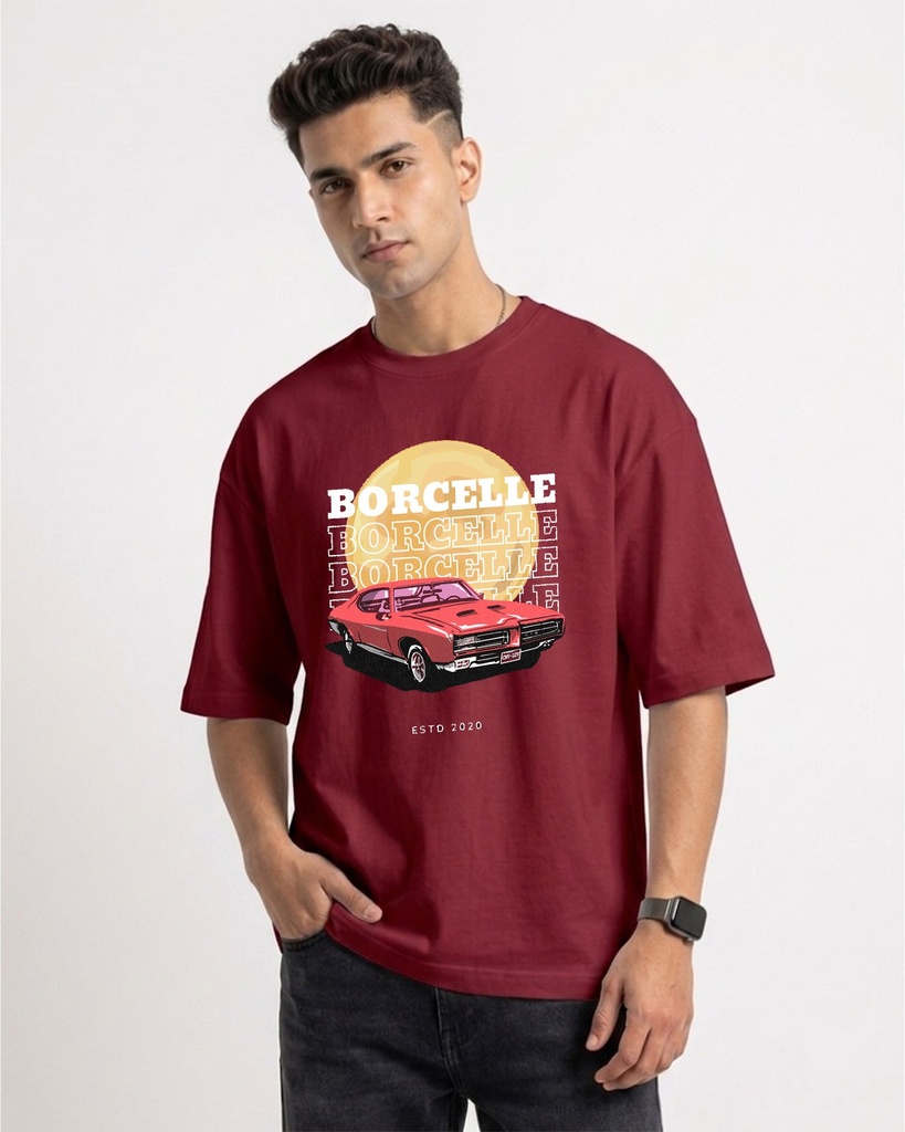 Maroon Oversized T-Shirt Borcelle Car Graphic Printed (XS)