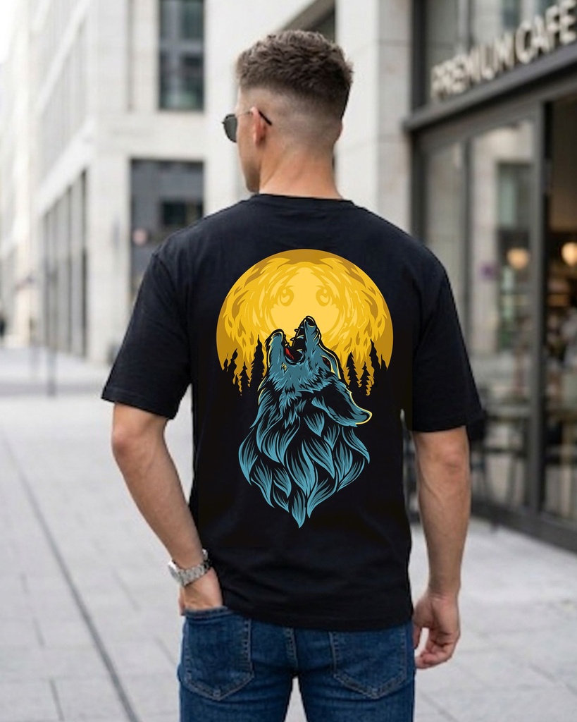 Black Oversized T-Shirt Wolf Roaring On The Moon Graphic Printed (XS)