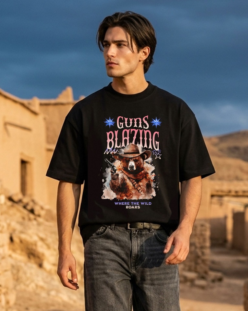 Black Oversized T-Shirt Guns Blazing Western Bear Graphic Printed