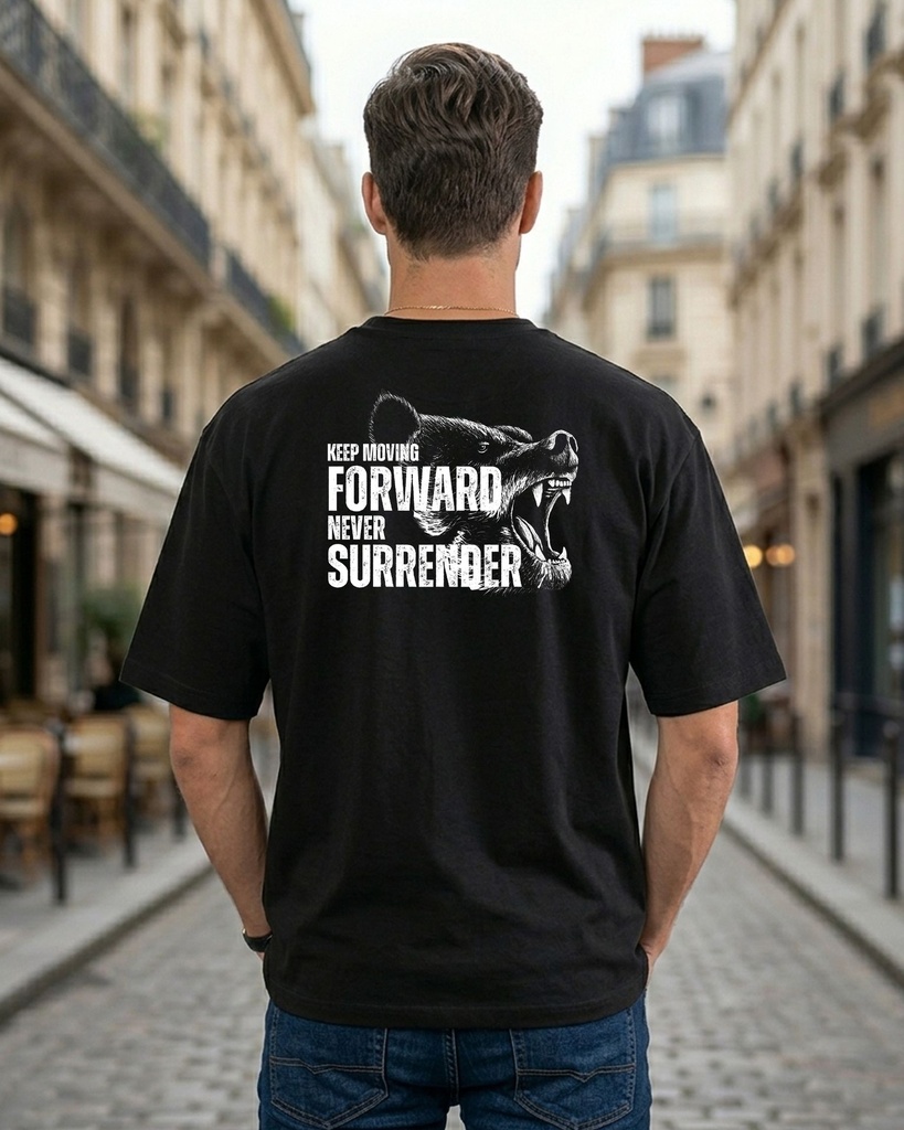 Black Oversized T-Shirt Keep Moving Forward Never Surrender Wolf Graphic Printed (XS)