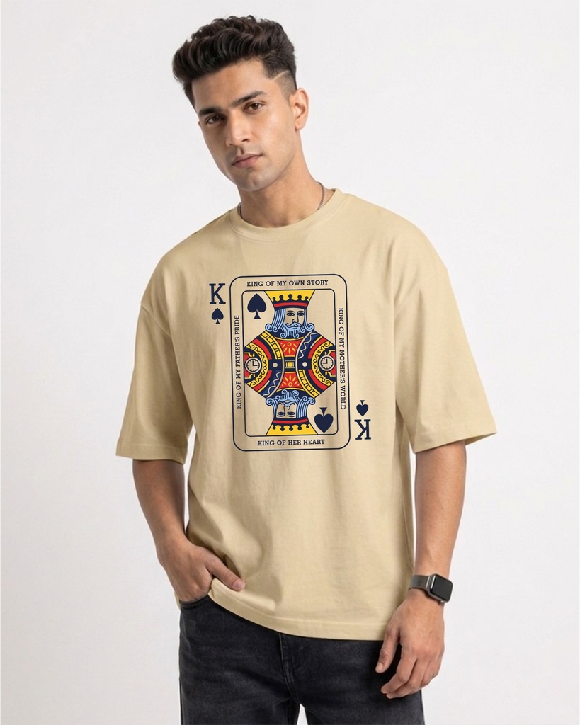 Beige Oversized T-Shirt King Of Everything Card Graphic Printed
