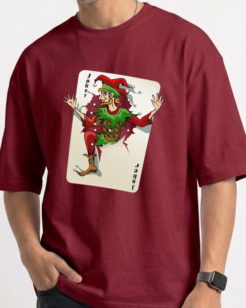 Maroon Oversized T-Shirt Joker Anime Card Graphic Printed (XS)