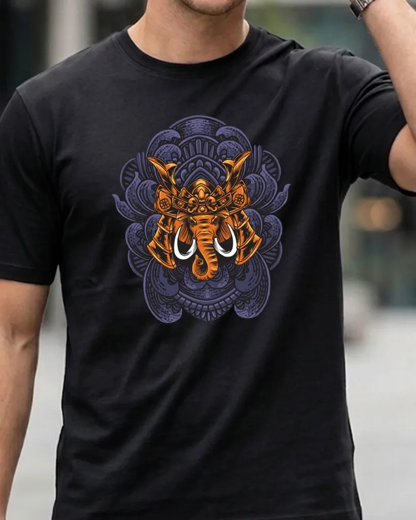 Black Classic Crew T-Shirt Elephant head Japanes Graphic Printed (S)