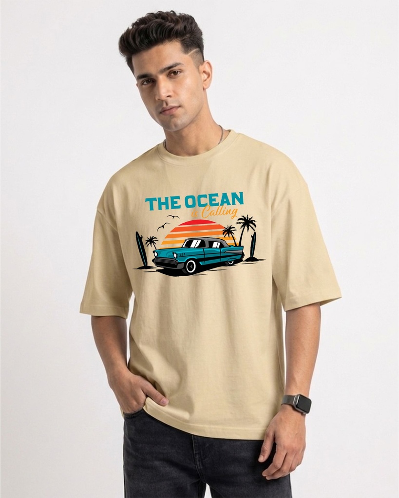 Beige Oversized T-Shirt The Ocean Car Graphic Printed