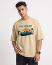 Beige Oversized T-Shirt The Ocean Car Graphic Printed