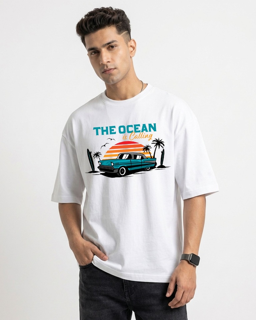 White Oversized T-Shirt The Ocean Car Graphic Printed (XS)