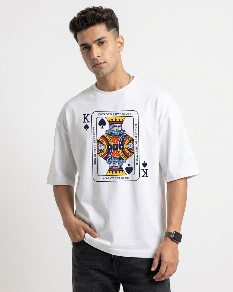 White Oversized T-Shirt King Of Everything Card Graphic Printed (XS)