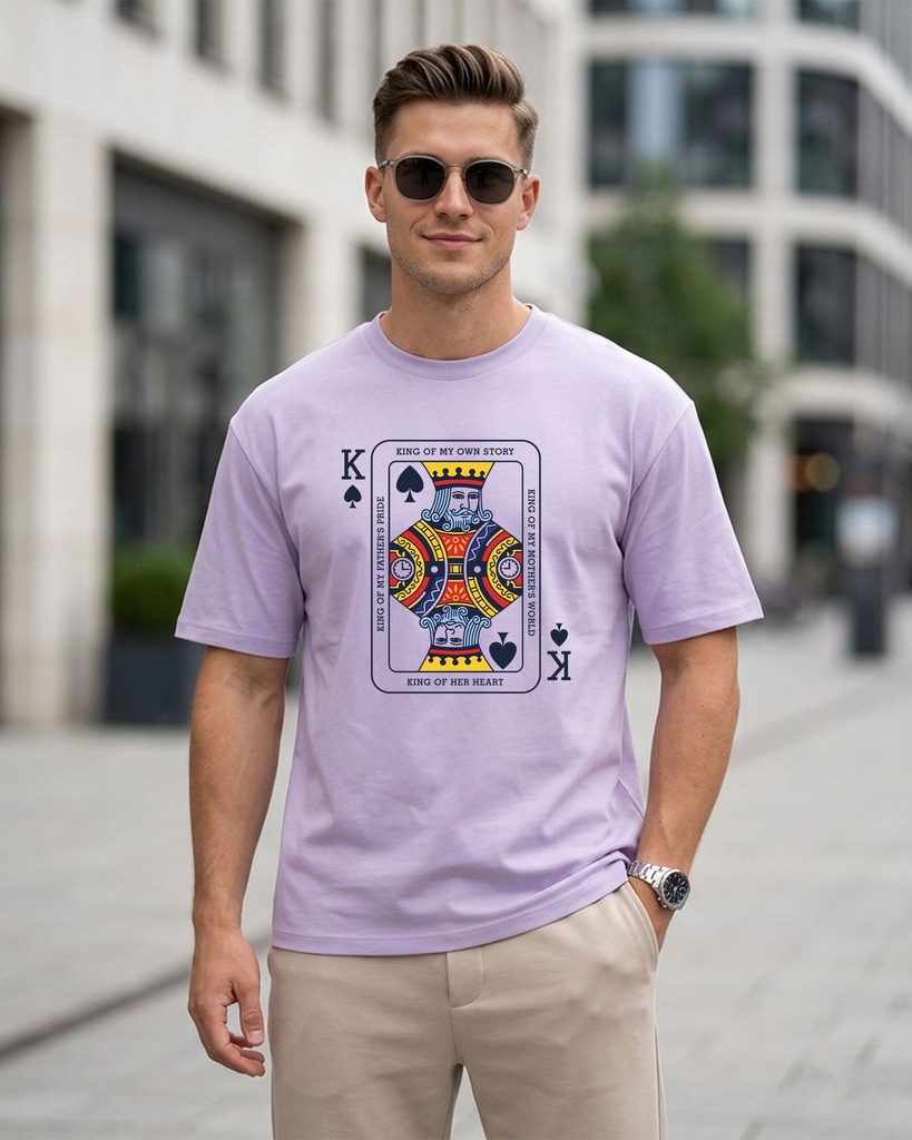 Lavender Oversized T-Shirt King Of Everything Card Graphic Printed (XS)