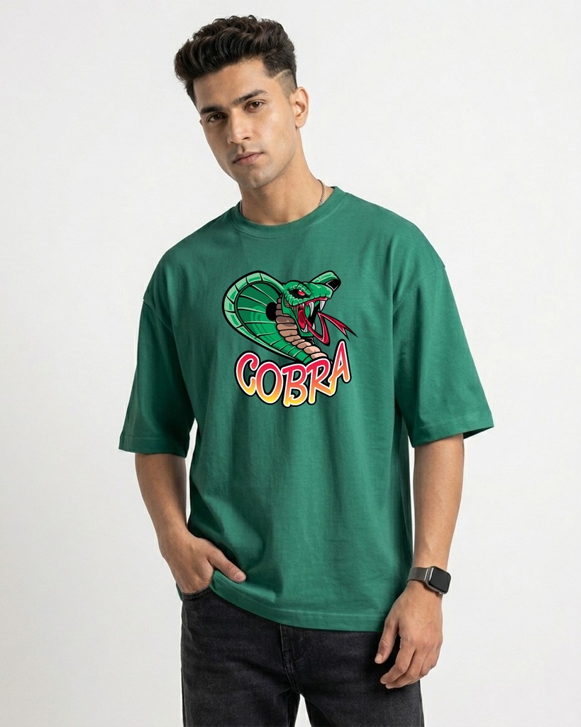 Bottle Green Terry Oversized T-Shirt Cobra Graphic Printed (XS)