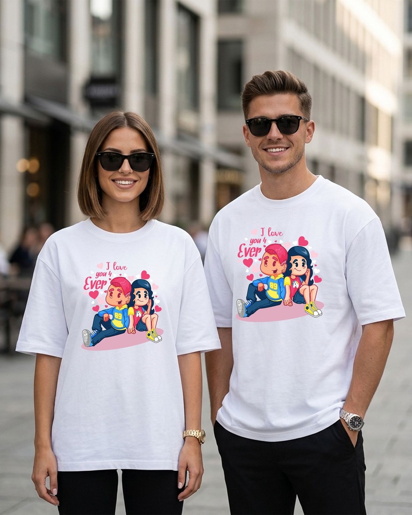 Couple White Oversized T-Shirt I Love You 4 Ever Graphic Printed (XS, XS)