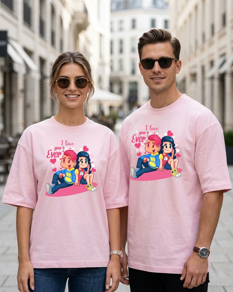 Couple Light Baby Pink Oversized T-Shirt I Love You 4 Ever Graphic Printed (XS, XS)